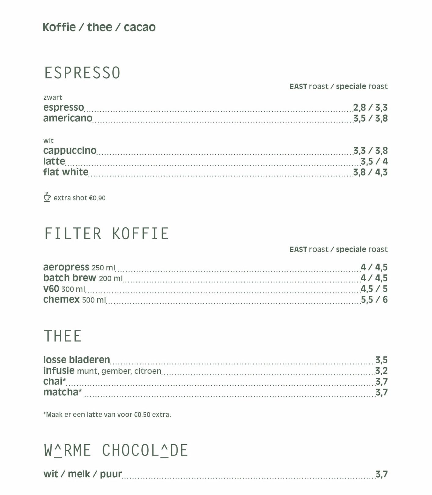 Koffie menu Restaurant EAST